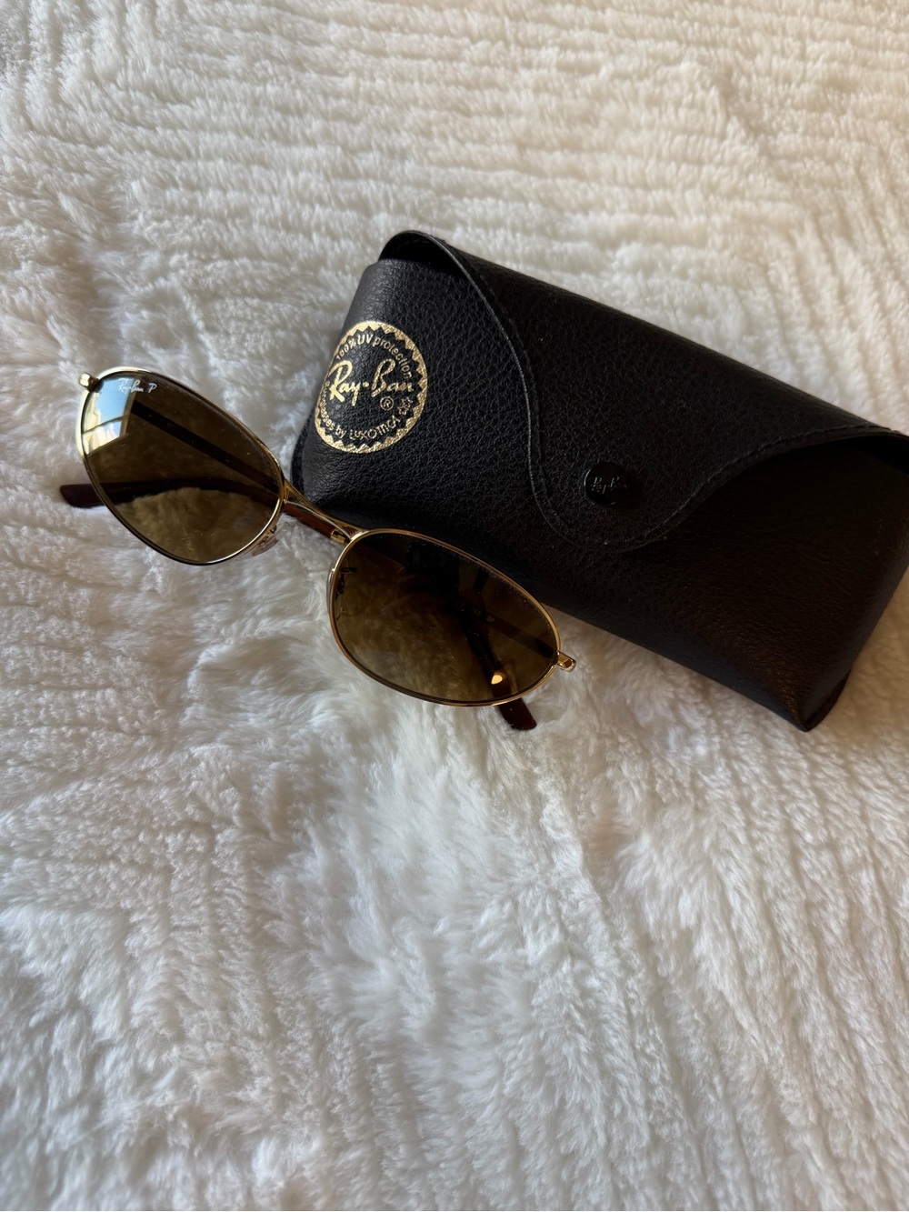 Ray-Ban Women's Gold Frame Brown Lens Oval Sunglasses with Black Case